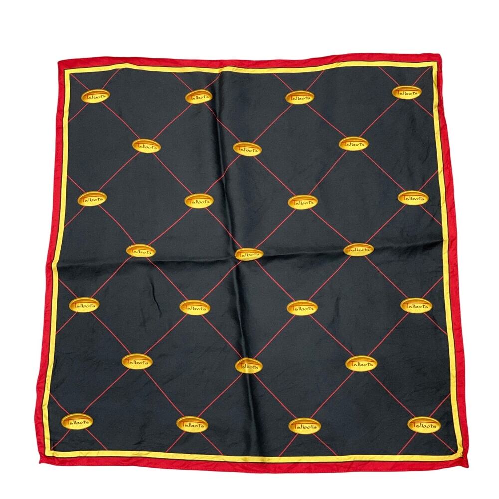 Vintage Talbots silk scarf 20" square black red gold logo print motif classic